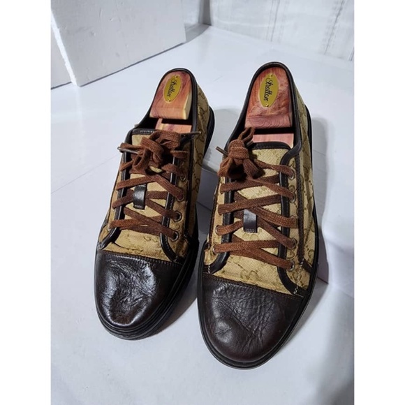 Authentic Gucci Leather And Monogram Canvas Lace Up Sneakers Brown/Beige Size 7. - Picture 1 of 16